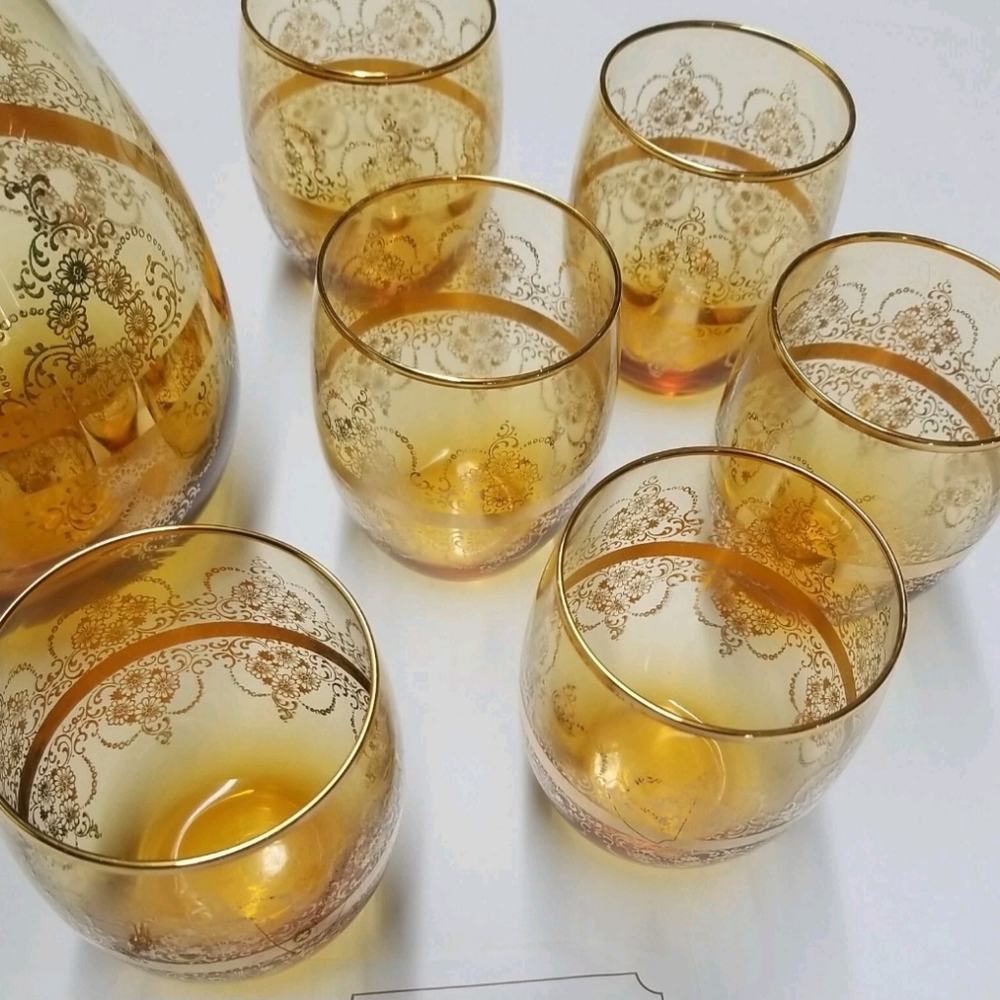 Murano Italy 24 Kt Gold Floral Glass Decanter & 6 Matching Glasses - Picture 15 of 16